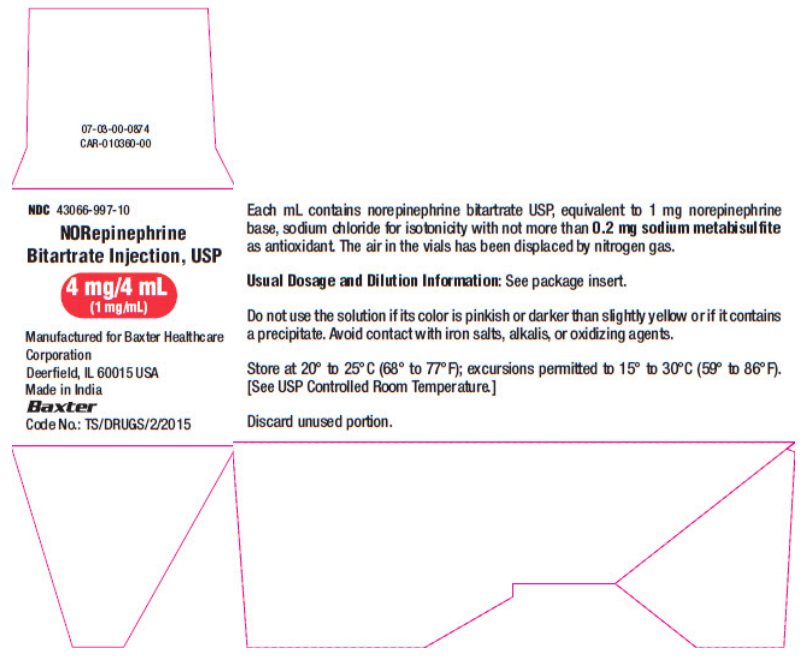 Norepinephrine Bitartrate Injection 4mg/4ml (1mg/ml) single dose vial 10x4ml